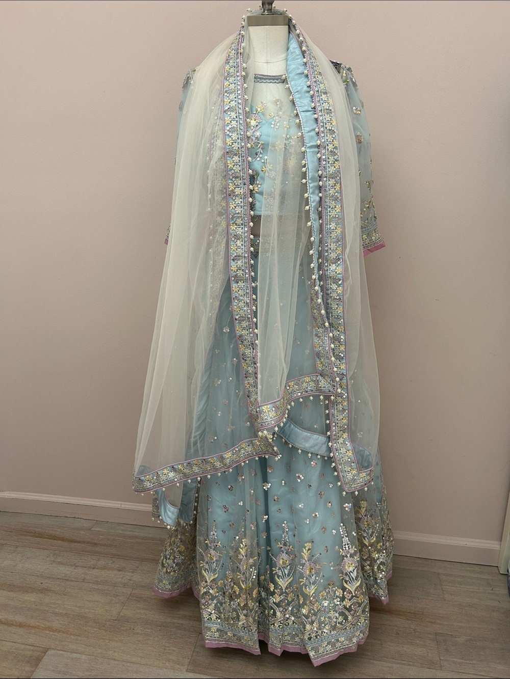 Embroidered Pastel Blue Lehenga Skirt Set with Sheer Dupatta size L or 40